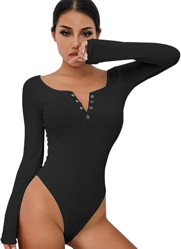 QKEPCY Body Donna Manica Lunga Elegante Sexy Tuta Aderente Basic Bodysuit Jersey Body con Bottoni Pagliaccetto Elasticizzato Tinta Unita Casuale Jumpsuits Tops Canottiera Donna (M, Nero)