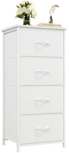 Somdot Kommode mit Schubladen, Kommode Schlafzimmer Wohnzimmer Flur, Komodenschrank Schubladenschrank Aufbewahrungsschrank Stoffkommode, 4 Stoffschubladen, Weiß, 30T x 42B x 93H cm