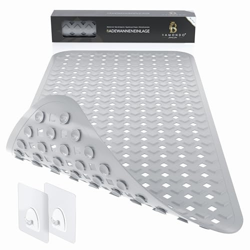 BAMONDO Tappetino per vasca da bagno, antiscivolo e sensibile alla pelle (grigio), 88 x 39 cm, lavabile in lavatrice, senza muffa, senza BPA, antiscivolo per vasca da bagno con ventose