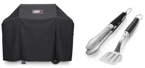 Weber 7183 Premium Hülle für Spirit/Spirit II 300 und 200 Serie, Schwarz & 6645 Grillbesteck Kompakt 2-teilig, Zange und Wender, Edelstahl