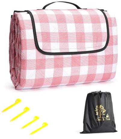 Oak & Tea Picknickdecke Wasserdicht Groß Faltbar Strandmatte Campingdecke 150 X 200 cm mit 4 Eckschlaufen Outdoor-Teppich mit Tragegriff Für Camping Karomuster Rot und Weiß