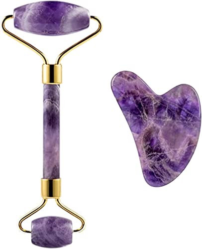 Raumdekoration Amethyst-Rohstein, Amethyst-, Naturstein-Gesichtsroller, Gua-Sha-Werkzeug-Set, SPA, Akupunktur, Schaben, Kristall, Körper, Gesicht, Gesundheitspflege, Massage (Farbe: Lila-2) ( Color :