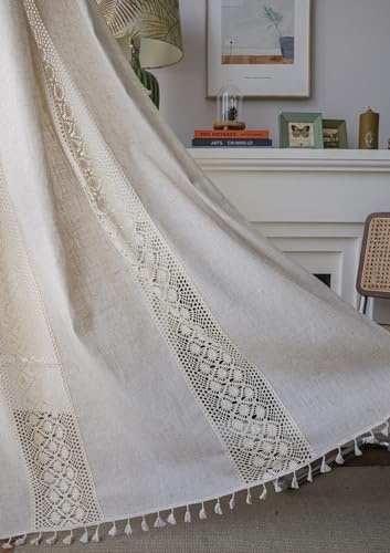 iyoimono Boho Vorhänge 2er Set Beige Vintage Vorhänge Landhausstil Häkeln Stricken Gardinen,Baumwolle Leinen Quaste Transluzente Verdunklung Gardinen für Küche Wohnzimmer Schlafzimmer,B150×H240cm