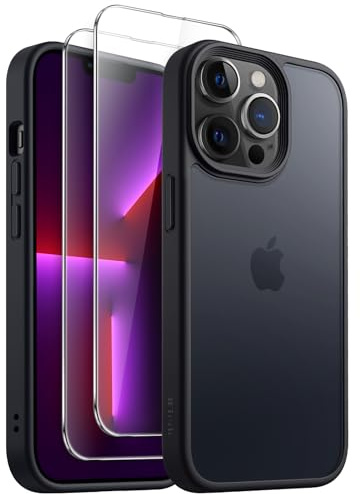 JETech 3-in-1 Matte Hülle für iPhone 13 Pro, Schwarz | 2 Gehärtete Glas Schutzfolien, Matte Transluzent Handyhülle