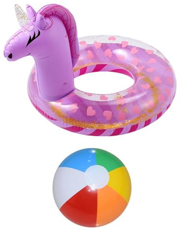 1 Rainbow Horse Swimming Ring, 1 6-Color Beach Ball, Inflatable Swimming Ring, Glittering Sequin Floating Swimming Ring, Children'S Fantasy Swimming Ring, Summer Swimming Pool Accessories