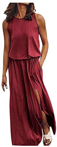 Meine bestellungen anzeigen 2024 Sommerkleid Damen midi wickelkleid Damen Hochzeit Kleider Teenager mädchen Einfarbig Patchwork Rundhals Maxi Ärmellos Split Kleid Kleid Maxi Kleid weiß (Wein, M)