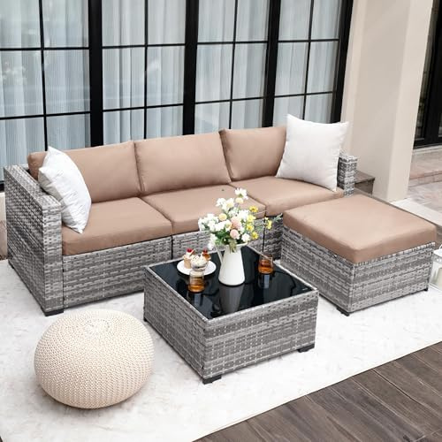 UDPATIO Lounge Gartenmöbel Set mit 3er Gartensofa, Hocker & Beistelltisch, Poly Rattan Balkonmöbel 4 Personen mit Kissen, Balkon Möbel Wetterfest, Gartenlounge für Garten, Terrasse, Outdoor, Khaki