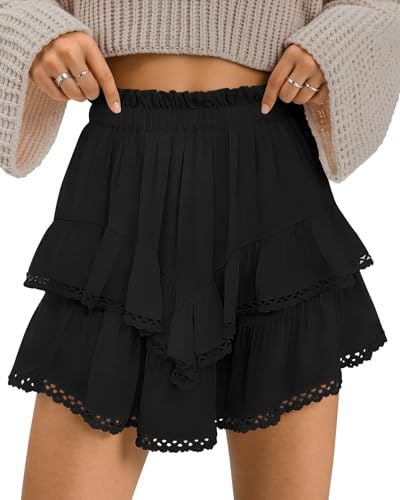 TARSE Mini jupe plissée à volants taille haute décontractée bohème pour femme, noir, Taille L