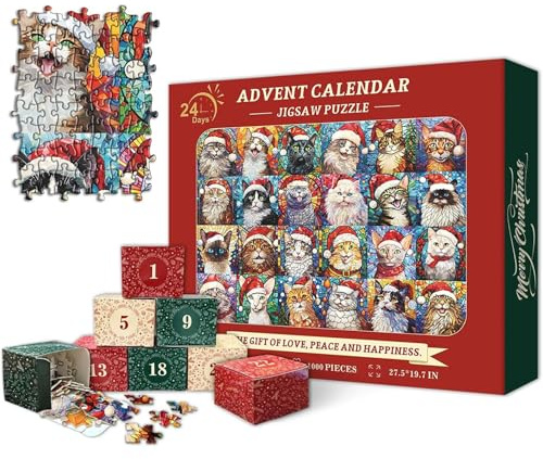 Christmas Jigsaw Puzzles Advent Calendar 2024 for Adults 1000 Pieces, Cat Mosaic Stained Glass Puzzle 24 Days Christmas Countdown Calendar, Xmas Jigsaw Puzzles Xmas Gifts Home Decorations (A)