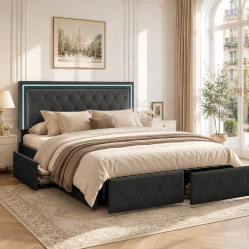 Polsterbett 160x200cm mit Stauraum, Doppelbett mit LED, Stauraumbett mit 4 Schubladen, Jugendbett Funktionsbett mit Verstellbares Kopfteil, Stauraumbett mit Lattenrost, Ohne Matratze, Grau, PU