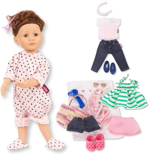 Götz 2511543 Little Kidz Sommer Puppe - 36 cm große Multigelenk-Stehpuppe mit braunen Haaren und braunen Augen - 21-teiliges Set