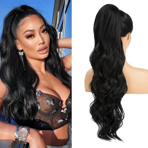 XFSRG Extensions Echthaar Ponytail 65 cm Langes in Wavy Pferdeschwanz Haarteil Synthetik Haarverlängerung für Frauen und Mädchen(#1B)