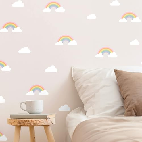 Klebekerlchen® | Wandtattoo Kinderzimmer Mädchen & Junge, Wandsticker selbstklebend, wiederverwendbare & rückstandsfreie Kinderzimmer Deko – Wandtattoo Regenbogen & Wolken Sticker (Set mit 36 Motiven)