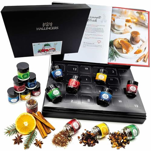 Hallingers Genuss Manufaktur Tee Adventskalender-Set - 24 Sorten premium loser Tee Probierset in edler Box mit Rezept-Booklet Christmas Car &... Bundle mit Kochbuch, Weihnachtskalender für Frauen