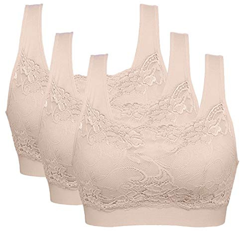 Vertvie dam stretch-bh utan byglar, push-up, yoga, sport bh, toppset för träning, stoppning, 3-pack, 3 hudfärg, L