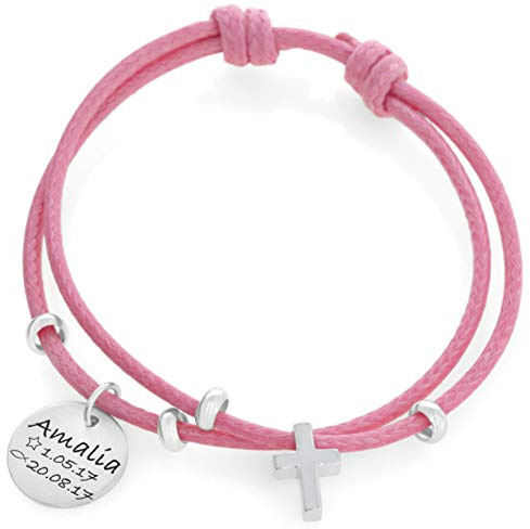 Taufarmband mit Gravur Rosa Kreuz Armband Mädchen Kinderarmband zur Taufe Engel Silberschmuck Baby Kinder Taufspruch Psalm Taufgeschenk Taufdatum | HANDMADE IN GERMANY