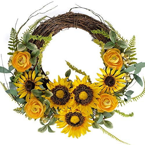 Bibelot Artificial Sunflower Wreath Yellow Peony Flower Wreath 16 Inch Spring Summer Wreaths Grapevine Wreath Green Leaves for Front Door Indoor Outdoor Wall Wedding Home Decor…