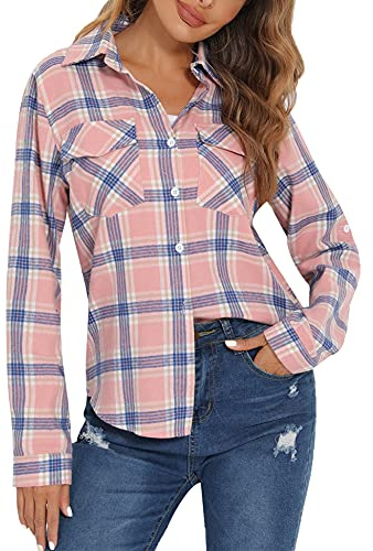 Enjoyoself dam, rutig blus, långärmad, rutiga flanellskjortor, 100% bomull, button-down skjortblus för vardag och oktoberfest, Ljusrosa, M