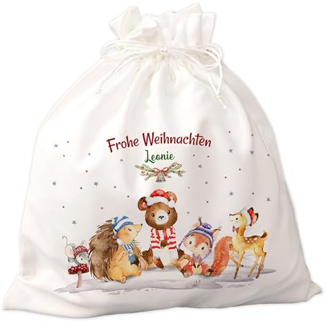 FEENSTAUB Nikolaussack mit Namen personalisiert, Geschenkverpackung für Weihnachten, Geschenkesack, Nikolaussäckchen personalisiert, Weihnachten Verpackung, Weihnachtstaschen Stoff Waldtiere