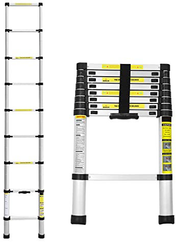 Lospitch Scala telescopica pieghevole in alluminio, 2,6 m, con meccanismo di bloccaggio a molla, portata 150 kg, per lavori di casa, tetto, giardino