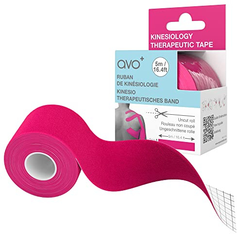 AVO+ Kinesiologie Tape - 5m Rolle Elastisches Therapeutisches Sportband für Physio-Übungen und Muskelregeneration, Schwellungen, Schmerzen und Verletzungen lindern, Wasserfest, Rosa