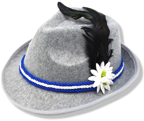 BF Souvenirs bayerischer Trachtenhut Partyhut JOSEF – hellgrauer Fedora mit Feder & Hutband | stilvoller Kostüm- & Partyhut für Oktoberfest, Volksfest & Fasching