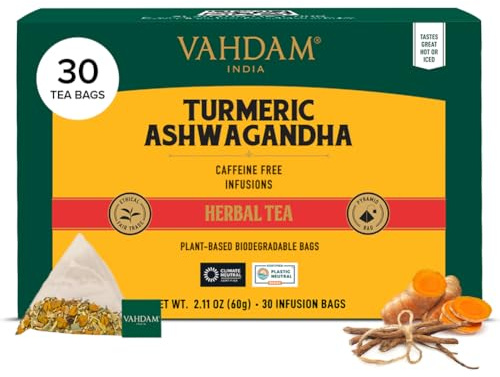 VAHDAM, Turmeric Ashwagandha Tisane (30 Sachets De Thé Pyramid) Sans Caféine | 100% Pur Et Naturel, Curcuma & Épices Fraîches | Directement De La Source En Inde | Infusion Chaude/Glacée