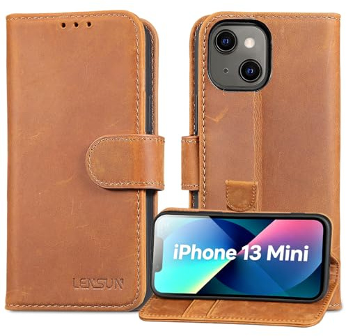 LENSUN Echtleder Handyhülle für iPhone 13 Mini Standfunktion, Vintage Braun | Echtes Leder, RFID Schutz Kartenfach, Handytasche Flip Cover, Klappbar Lederhülle
