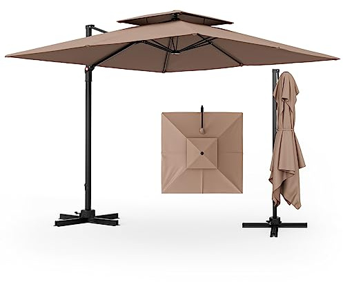 Tangkula 9.5 FT Cantilever Patio Umbrella, Outdoor Square Offset Umbrella with 360° Rotation, Double Top Heavy Duty Patio Hanging Umbrella with Cross Base for Garden Deck Pool Backyard (Tan)