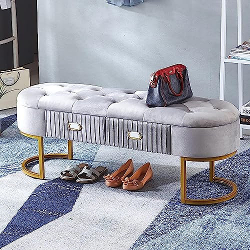 CATANK Aufbewahrungsbank mit goldenem Sockel, Aufbewahrungsbank mit Schubladen, Moderne Bettbank, Schlafzimmerbank mit Aufbewahrung (Color : Grey, Size : 80cm)