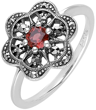 Esse Bague en argent sterling marcassite avec grenat et marcassite, Pierre précieuse, Grenat