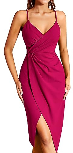 Missufe Robe de cocktail pour femme Robe de fête Robe portefeuille Robe d'été Robe midi Festive Élégante Moulante Mariage Sans manches Bretelles spaghetti Robes de soirée, Rose chaud, M