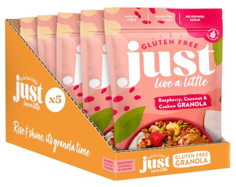 Just Live a Little Gluten Free Granola | 5 x 360g packs | Vegan | No Added Sugar (Raspberry, Coconut & Cashew)
