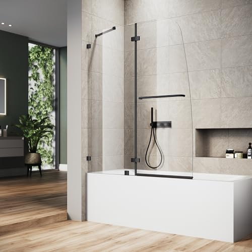 SUNNY SHOWER Tub Shower Door Hinged Tub Screen 5/16 Clear Glass Bathtub Door 48 W x 58 H Pivot Swing Shower Door with Towel Bar, Black Finish