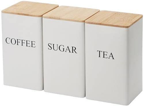 Sugar Canister, Coffee Tea Sugar Container Set of 3 Iron Tea Coffee Sugar Canister Set with Airtight Bamboo Lid and Name Marker Simple Square Kitchen Canister Set for Coffee Tea Sugar Storage White