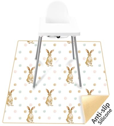 Treer Hochstuhl Bodenmatte Baby Hochstuhl Unterlage 110cm Karikatur Spritzmatte für Unter Hochstuhl, Bodenschutzmatte Wasserdicht Rutschfest Krabbelmatte Faltbar Spielmatte (Gepunkteter Hase)