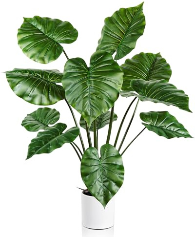 Leflos 90cm Plante Artificielle Monstera Deliciosa pour intérieur, Alocasia Plante Artificielle en Pot, Petit Arbre Tropical Artificiel en Pot Blanc