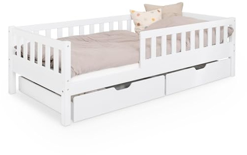 Ehrenkind® Kinderbett Lille | Kinderbett 90x200 cm inkl. abnehmbaren Rausfallschutz und Schubladen aus Massivholz FSC® zertifziert | Jugendbett 90x200 Weiß