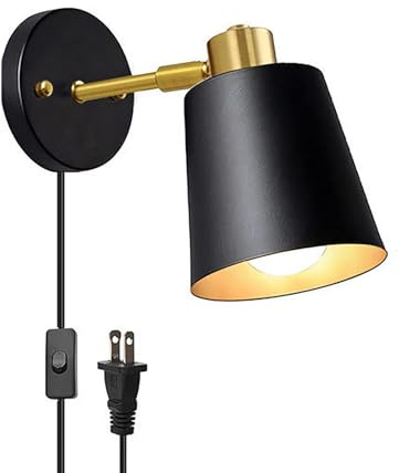 GZZBMY 360° Drehbar Innen Wandleuchte mit Schalter E27 Wandbeleuchtung Modern Metall Wandlicht Lampen mit Stecker Wandlampe mit Kabel für Schlafzimmer Wohnzimmer Küche Schreibtisch (Schwarz,1 Stück)