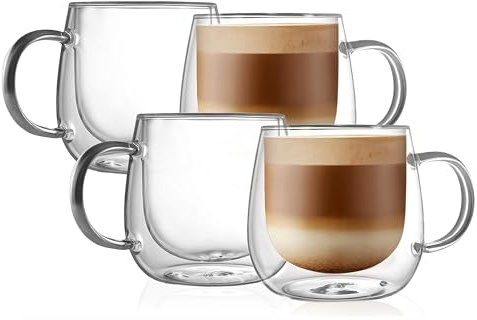 CNGLASS 480ml/16oz Doppelwandige Kaffeetassen 4er Set, Große Thermo Latte Macchiato Gläser mit Henkel,Isolierte Glas Kaffeebecher für Cappuccino, Milch, Tee