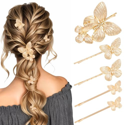 5 Stück Schmetterling Haarklammer Damen,Ymapinc Butterfly Hairclip Damen Cute Schmetterling Spange Gold Frisuren Zubehör für Geburtstagsfeiern Hochzeitsfeiern(7,6cm 6,65cm 6,5cm)
