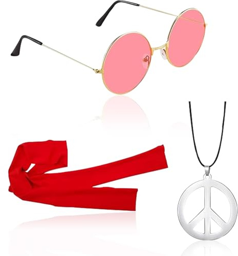 YUNHENTONG Hippie Kostüm Set,3 Stück Hippie Kostüm Set,Sonnenbrille,Peace Halskette Anhänger,Stirnband,Hippie Kostüm Damen Herren,Faschingkostüme 70er 80er Jahre Mottoparty Karneval Halloween