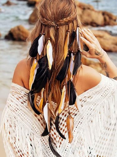 Reaky Feder Stirnband Schwarz Boho Kopfbedeckung Indianer Feder Stirnbänder Karneval Haarschmuck für Damen
