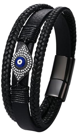 JewelryWe Bracelet Homme Cuir Tressé: Bracelet Manchette Cuir Multirang Mauvais Oeil Protection avec Bloucle Magnétique Acier Inoxydable et Strass Bracelet Masculin Mode - Cadeau Anniversaire