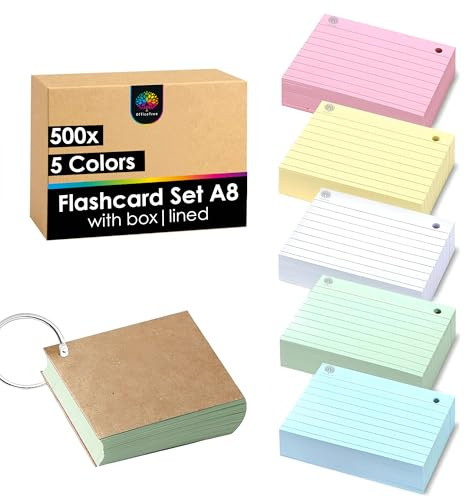 OfficeTree 500x Lernkarten A8 5 Farben - Karteikarten mit Ring und Aufbewahrungsbox - Vokabel Karteikarten A8 liniert - Lernkarteikarten für Prüfungen & Notizen - Vokabelkarten A8 - Flashcards