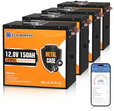 ECO-WORTHY 4PACK 0% MwSt. LiFePO4 12V 150Ah Bluetooth Batterie mit 120A BMS Low-Temp Schutz und bis zu 15000 Zyklens,7680Wh Lithiumbatterie für Solaranlage Komplettset