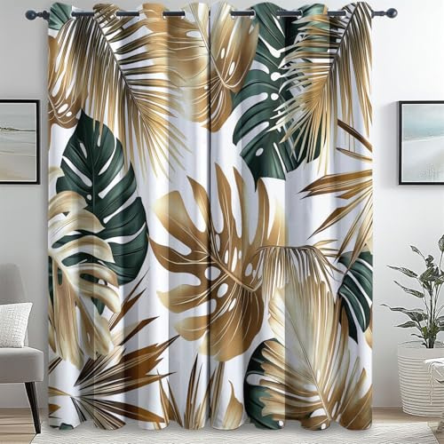 Coppia Tende Oscurant Tropicali Foglie Di Palma Foglie Di Monstera Tenda Morbida Termica Oro Isolante per Soggiorno Camera e Interni140L x 260A cm (2 Pannelli)