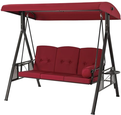 U-MAX 3 Seater Garden Swing Chair, Outdoor Hammock Bench with Adjustable Canopy Thick Padded,with Chair Side Tables Cup Trays For Garden Patio Balcony(Red)