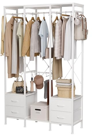 Mintnook Clothes Rack for Hanging Clothes, Heavy Duty Clothes Rail with Drawers, Open Wardrobes for Bedroom, Free Standing Clothes Rail with Shelves & Hooks, White