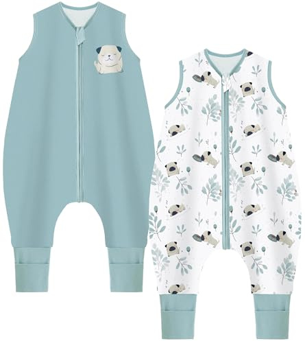 Chilsuessy Baby Sommerschlafsack mit Füßen 2er Pack 1 Tog Kinder Schlafsack mit Beinen 100% Baumwolle Schlafstrampler für Jungen Mädchen, 1 Tog/Grün + Süß Welpe, 80cm/Baby Höhe 90-100cm
